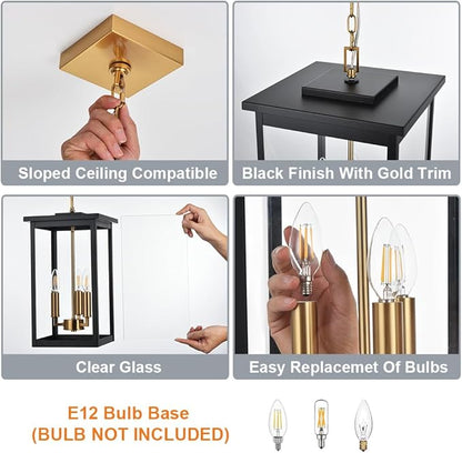 3-Lights Large Outdoor Pendant Lighting Clear Glass, Ceiling Porch Light Fxitures Adjustable Chain for Foyer Patio, Exterior Hanging Lantern Lamp, E12 Bulb Base, Black & Bruhed Brass