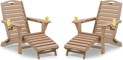 Folding Adirondack Chairs Set of 2,Adirondack Chair with Retractable Ottoman,Plastic Adirondack Chairs with 2 Cup Holder,Weather Resistant Patio Chair,Outdoor Chairs Set of 2(Teak)