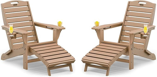 Folding Adirondack Chairs Set of 2,Adirondack Chair with Retractable Ottoman,Plastic Adirondack Chairs with 2 Cup Holder,Weather Resistant Patio Chair,Outdoor Chairs Set of 2(Teak)