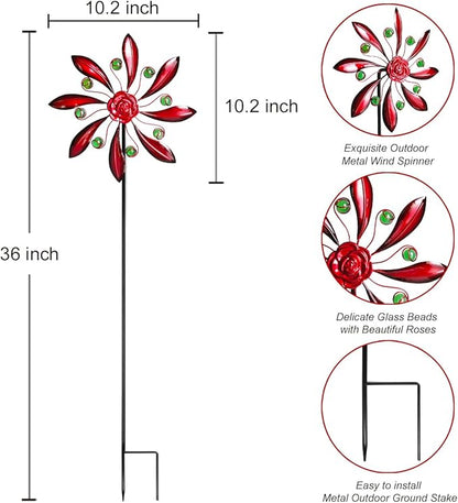 Rose Outdoor Metal Wind Spinner, Single-Layer Kinetic Garden Art with Vibrant Red Finish - Weatherproof Wind Sculpture for Lawn, Patio, Yard Decor - 10''W x 36''H