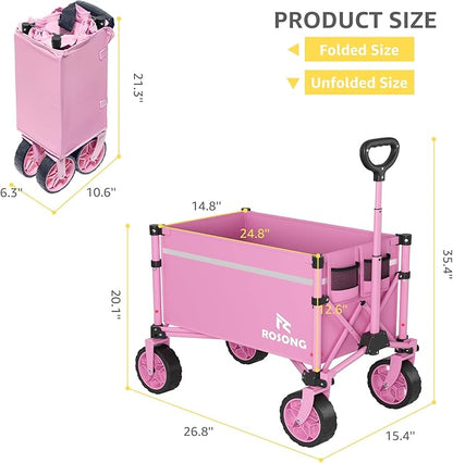 Collapsible Wagon Cart with Wheels Foldable - Folding Utility Heavy Duty Wagons Carts for Grocery Sports Garden Shopping Camping Wheelbarrows (Pink, 90L)