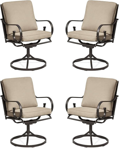 MELLCOM Patio Swivel Chair Set of 4, Heavy Duty Outdoor Dining Chairs with Thickened Cushions, Metal Patio Chairs Gentle Rocker for Outside, Garden Lawn & Porch, Backyard, Khaki