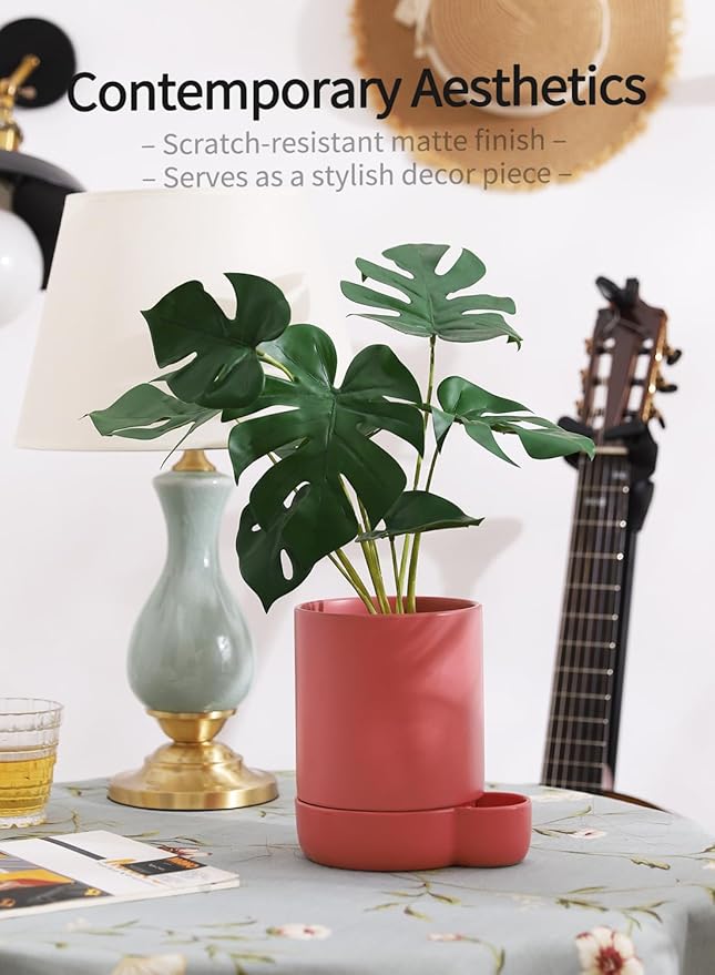 5.5 Inch Ceramic Self Watering Planters with Absorbent Cotton Rope, Cylinder Round Flower Pot for Succulent, Herbs, African Violets, Pink, 1 Pack