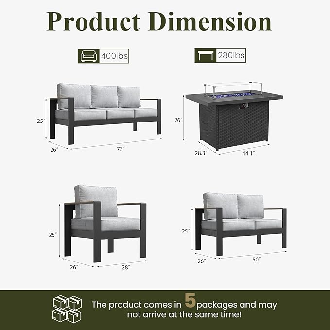 LayinSun 7 Piece Aluminum Outdoor Furniture Set with Fire Pit Table, Outside Patio Deep Seating Conversation Set with Upgraded Washable Thick Cushion