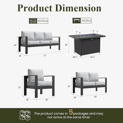 LayinSun 7 Piece Aluminum Outdoor Furniture Set with Fire Pit Table, Outside Patio Deep Seating Conversation Set with Upgraded Washable Thick Cushion
