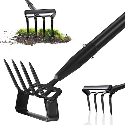 Stirrup Hoe, Heavy Duty Hula Hoe with 32-62" Adjustable Long Handle, 2 in 1 Action Hoe with Cultivator Rake, Scuffle Hoe, Hula Hoe Garden Tool for Weeding Grass, Loosening Soil, Sharp Blade, Black