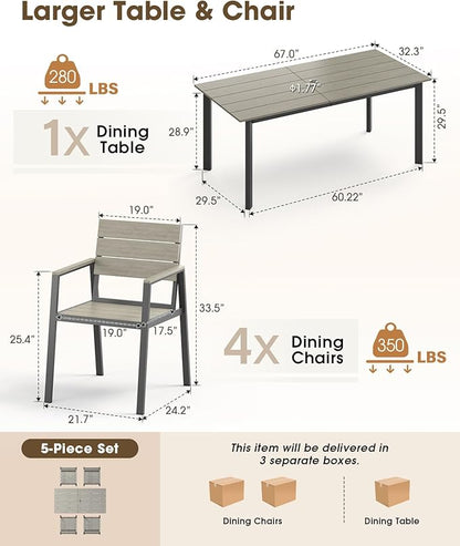 Outdoor Patio Dining set for 4，Aluminum & HDPE 5 Piece Patio Table and Chairs Set with Umbrella Hole, Modren Rectangular Patio Furniture Set with All-weather Table and 4 chairs (Classic Gray)