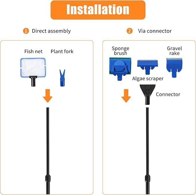 AQUANEAT Aquarium Cleaning Tools, Fish Tank Cleaner Kit with Adjustable Long Handle, 5 in 1 Set Including Fish Net, Algae Scraper