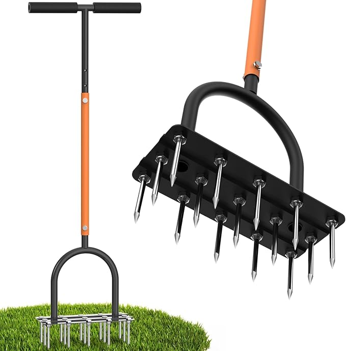 Lawn Aerator Spike Tool - Manual Grass Aerator with 15 Iron Spikes, Pre-Assembled Yard Aerator for Core Aeration, Dethatching, Heavy Duty T-Handle & Wide Foot Plate for Lawn Yard & Garden (Orange)