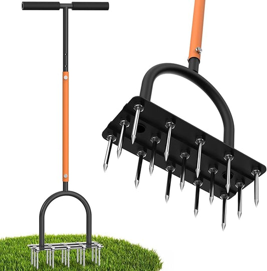 Lawn Aerator Spike Tool - Manual Grass Aerator with 15 Iron Spikes, Pre-Assembled Yard Aerator for Core Aeration, Dethatching, Heavy Duty T-Handle & Wide Foot Plate for Lawn Yard & Garden (Orange)