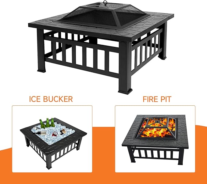 32" Fire Pit Table with Mesh Lid, Wood Burning Fireplace/Firepit with Poker and Accessories