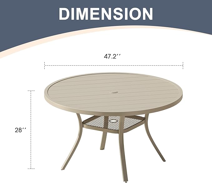 VICLLAX 47.2" Outdoor Round Patio Dining Table for 4-6, All Weather Metal Dining Table with Umbrella Hole for Deck Lawn Garden Backyard, Sandshell