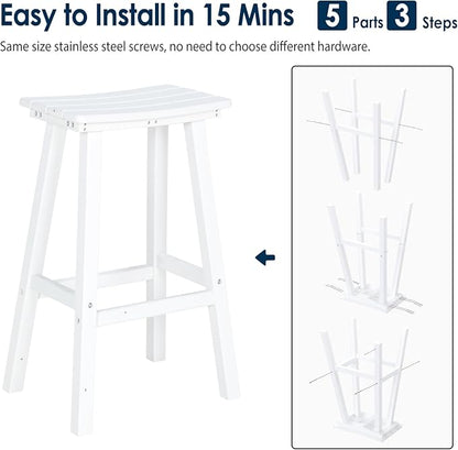 nalone 29 Inch Outdoor Bar Stool, HDPE Bar Chairs with Footrest, Weather Resistant Waterproof Bar Stools Outside Bar Height Stools for Bar, Kitchen Counter, Yard, Balcony(White, 29'' Barstools)