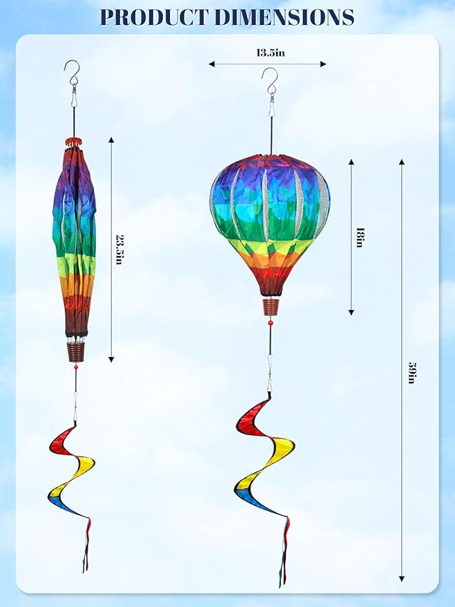 2PCS Giant Rainbow Hot Air Balloon Wind Spinners 14" W x 59" H Large Multicolor Whirligig Wind Spinner Hanging Ornaments for Yard Garden Lawn Outdoor Decorations