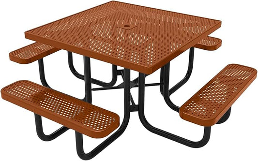 COATEDOUTDOORFURNITURE Heavy-Duty Portable Outdoor Picnic Table with Umbrella Hole, Punched Steel Commercial-Grade Patio Dining Furniture Made in America (46" Square Top, Textured Copper)