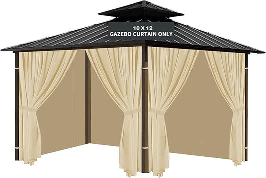 Gazebo Universal Replacement Privacy Curtain, 10'X12' Gazebo Curtains Outdoor Waterproof, 4-Panels Sidewall with Zipper for Patio, Garden and Backyard (Only Curtains, 10'X12', Khaki)