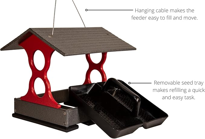 JCS Wildlife Medium Poly Fly-Thru Bird Feeder w/Removable Seed Tray - Holds 4 Cups of Bird Seed to Attract Cardinals, Chickadees, and More Backyard Birds (Gray and Red)