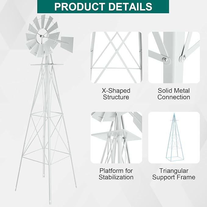 8FT Windmill for Yard Garden Decoration with Weather Vanes，Heavy Duty Outdoor Wind Mills, Large Metal Outdoor Windmill,Weather Resistant,White