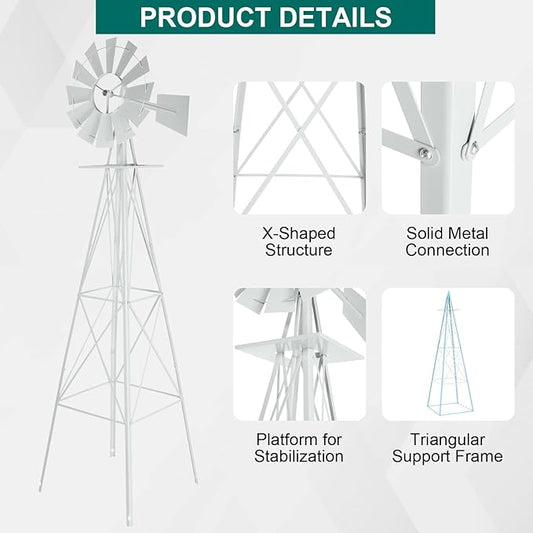 8FT Windmill for Yard Garden Decoration with Weather Vanes，Heavy Duty Outdoor Wind Mills, Large Metal Outdoor Windmill,Weather Resistant,White