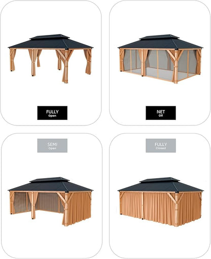 GAOMON Hardtop Spruce Wood Gazebo 12'x20', with Double Roof of Metal Sheets, 4.7'' Heavy Duty Poles, Gray Net, and Curtain, Permanent Building for Patio, Deck, Backyard, Lawn, and Garden, Khaki