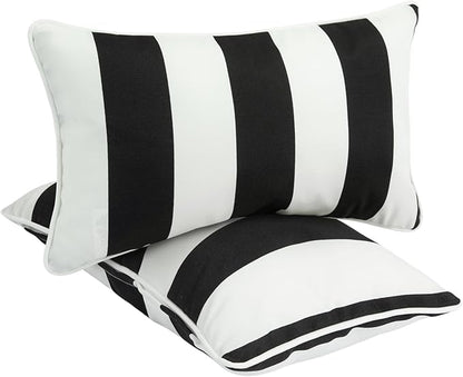 FUNHOME Outdoor Lumbar Pillows for Patio Furniture,12x20 Inch Decorative Pillows Set of 2 with Insert,Hidden Zipper Water Resistant Headrests for Sofa Couch Chair(Black White Stripe)