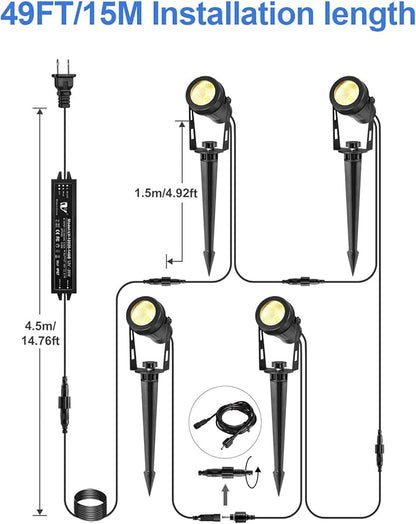 Low Voltage Landscape Lights 4 Pack, 49ft Cable Spotlight Outdoor with 12V Transformer, IP65 Waterproof Plug in Spot Lights 2700K Warm White for Yard, Plant, Lawn, Tree, Flags, Garden