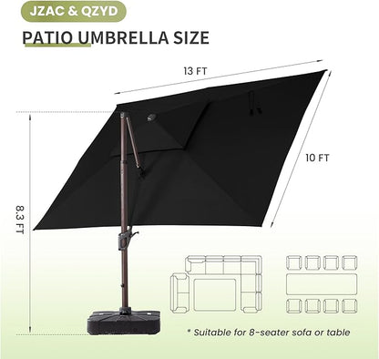 JZAC & QZYD 10 X 13 FT Cantilever Patio Umbrella with Base Included Outdoor Rectangle Offset Large Heavy Duty Double Top Umbrellas with 360° Rotation for Deck Backyard Garden, Black