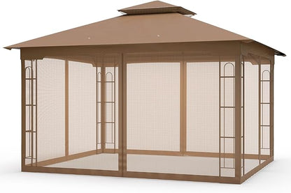 COOS BAY 10x12 Outdoor Patio Gazebo with Netting, Two-Tier Soft Top Canopy for Backyard, Lawn, Deck and Garden, Brown
