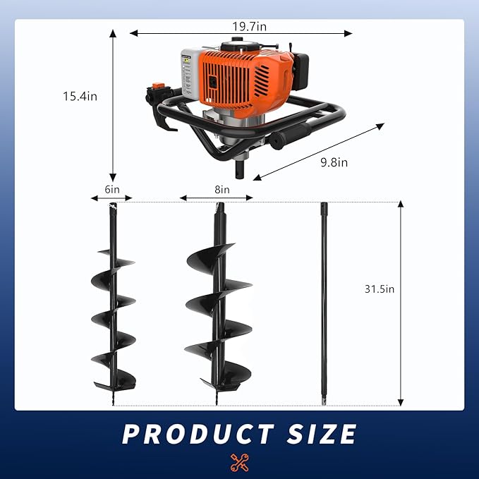 62cc 2-Stroke Auger Post Hole Digger with 2 Extension Rods & 6" & 8" Auger Bits - Gas Powered Earth Auger for Fencing, Gardening, Construction - Heavy Duty Digging Machine (62cc+2 Auger Bit(6"8"))