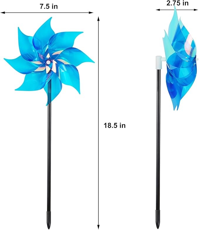 Hausse 10 Pack Reflective Pinwheels Wind Spinner, Extra Sparkly Pinwheel with Stakes, Bird Repellent Blinder Devices Deterrent to Scare Birds Away from Yard Patio Farm Garden, Transparent Blue