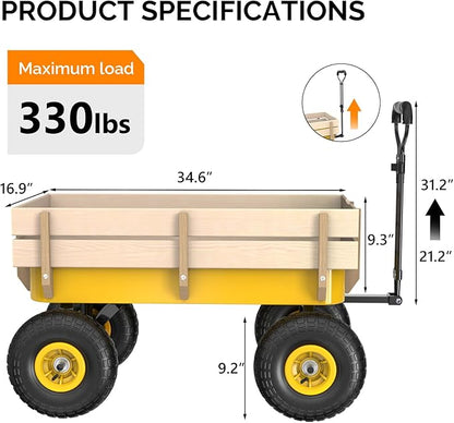 VINGLI Wagon Cart, Steel Frame and Wood Coated Railing, 330lbs All Terrain Wagon 9.2in Solid Tires for Garden and Outdoor (Yellow)