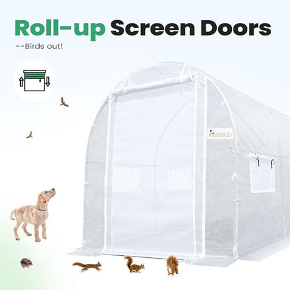 KING BIRD Premium 15x6.6x6.6FT Greenhouse for Outdoors, Large Walk-in Heavy Duty Galvanized Steel Frame, Mesh Door Screen Window Tunnel Hoop Garden Plant Winter Hot House, Side Screen Mesh, White