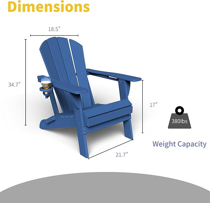 Kingdura Foldable Adirondack Chair, Portable HDPE All Weather Resistant Outdoor Patio Chair, Wooden Textured with Cup Holder, 380LBS Capacity for Poolside, Backyard, Deck, Fire Pit (Navy Blue)