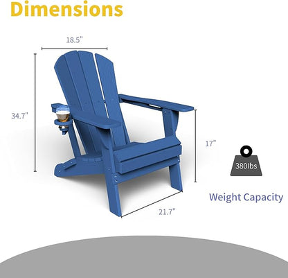 Kingdura Foldable Adirondack Chair, Portable HDPE All Weather Resistant Outdoor Patio Chair, Wooden Textured with Cup Holder, 380LBS Capacity for Poolside, Backyard, Deck, Fire Pit (Navy Blue)