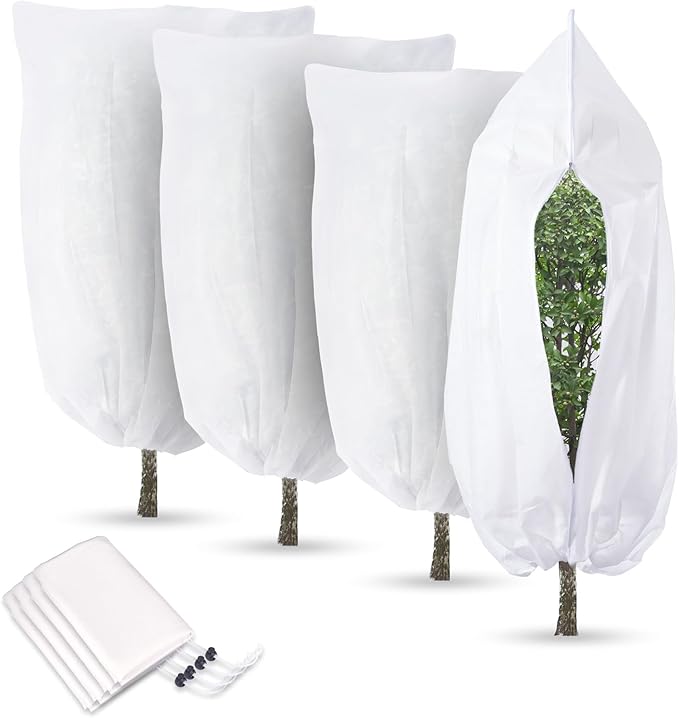 4 Pack Plant Covers Freeze Protection for Winter, Plant Protectors from Animals, Winter Plant Cover with Zipper Drawstring Frost Cloths for Outdoor Plants Shrub Bush Fruit Tree (23.6" x 31.5",White)