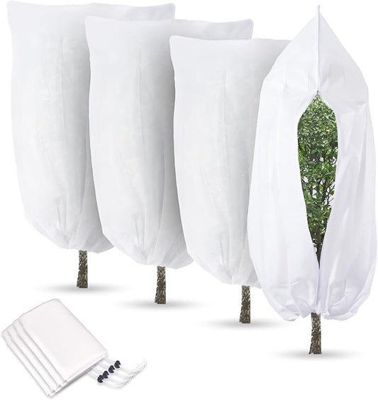 4 Pack Plant Covers Freeze Protection for Winter, Plant Protectors from Animals, Winter Plant Cover with Zipper Drawstring Frost Cloths for Outdoor Plants Shrub Bush Fruit Tree (23.6" x 31.5",White)