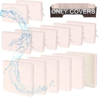 14 PCs Patio Cushion Covers for 7 PCs Outdoor Furniture Sectional Seating Sets Water Resistant Plus 2 Throw Pillows (Khaki, 24.8(L)*24.8(W)*3.14(T) inches)