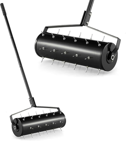 S AFSTAR 21" Manual Lawn Aerator, Heavy Duty Rolling Aerator Lawn Tool Filled Sand Stone with 51" Detachable Handle & Tine Spikes for Soil Loosening, Push Grass Aeration for Garden Yard, Black