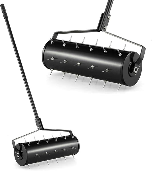 S AFSTAR 21" Manual Lawn Aerator, Heavy Duty Rolling Aerator Lawn Tool Filled Sand Stone with 51" Detachable Handle & Tine Spikes for Soil Loosening, Push Grass Aeration for Garden Yard, Black