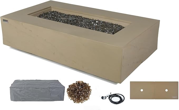 Elementi+ | Colorado Gas Fire Pit Cast Concrete 56" Rectangular Fire Table, Outdoor Fire Pit Electronic Ignition | Canvas Cover, Fire Glass and Burner Lid Included | Sunlight Yellow | Propane Gas