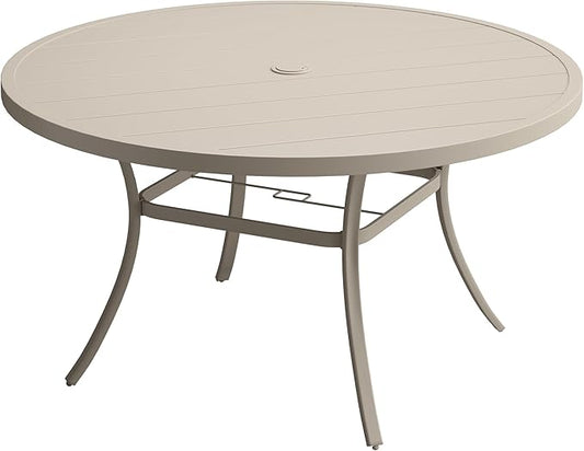 VICLLAX 50" Outdoor Round Patio Dining Table for 4-6, All Weather Metal Dining Table with Umbrella Hole for Deck Lawn Garden Backyard, Sandshell
