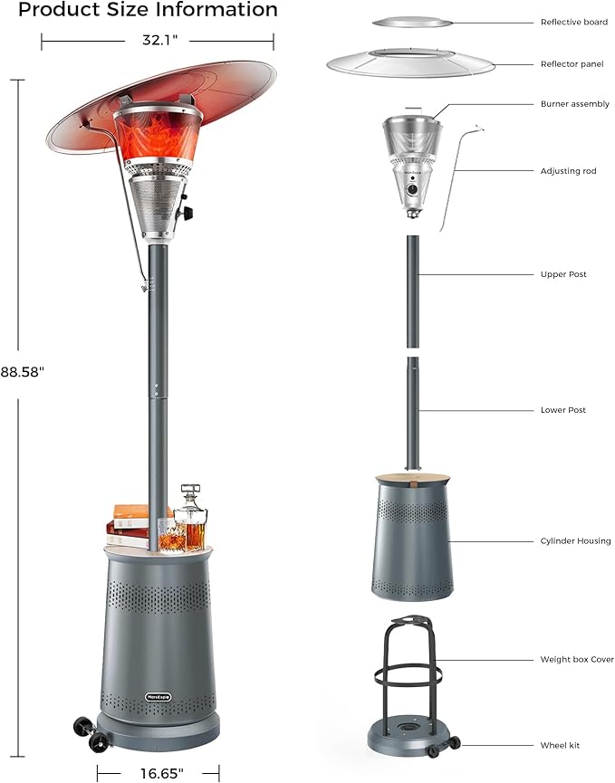 50,000 BTU Patio Heater for Outdoor Use With Adjustable Heat Focusing Top, Portable Propane Patio Heater with Wheels, Stainless Steel Burner for Porch Deck Garden (Grey)