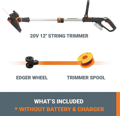 Worx String Trimmer Cordless 3.0 20V PowerShare 12" Edger & Weed Trimmer (Battery and Charger Not Included) WG163.9