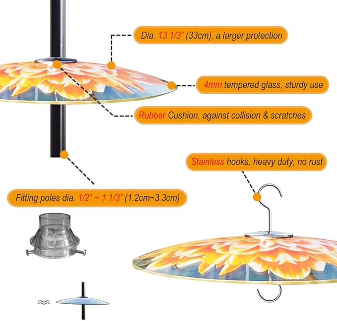 13" Glass Rain Guard for Bird Feeder Outdoors - Pack of 2PC X Baffle on Shepherd Pole/Post or S Hook Hanging - Large Weather Guard Protective Dome - Dia. 33CM - Flower Daisy