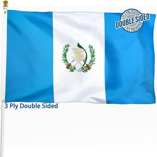 Guatemala Guatemalan Flag 3x5 ft Outdoor, Double Sided 3 Ply Heavy Duty Guatemala National Country Flag, 100% Quality Polyester Guatemalan Banner with Brass Grommets 4 Rows Stitches