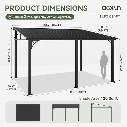 Aoxun 10' x 14' Lean to Gazebo, Upgraded Hardtop Outdoor Pergola with Sloping Galvanized Steel Roof, Large Wall-Mounted Heavy Duty Awnings for Patio, Backyard, Deck, Porch (Black)