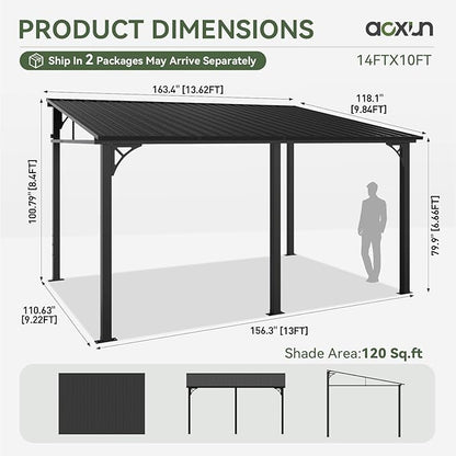 Aoxun 10' x 14' Lean to Gazebo, Upgraded Hardtop Outdoor Pergola with Sloping Galvanized Steel Roof, Large Wall-Mounted Heavy Duty Awnings for Patio, Backyard, Deck, Porch (Dark)
