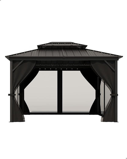 10x14 Ft Hardtop Gazebos with Heavy Duty Double Roof, Nettings and Curtains Galvanized Steel Outdoor Gazebos for Patio, Backyard, Deck, Lawn (Grey)