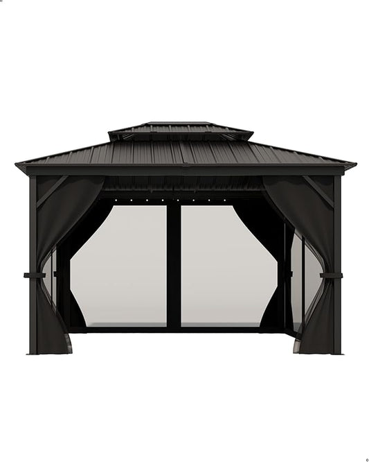 10x14 Ft Hardtop Gazebos with Heavy Duty Double Roof, Nettings and Curtains Galvanized Steel Outdoor Gazebos for Patio, Backyard, Deck, Lawn (Grey)