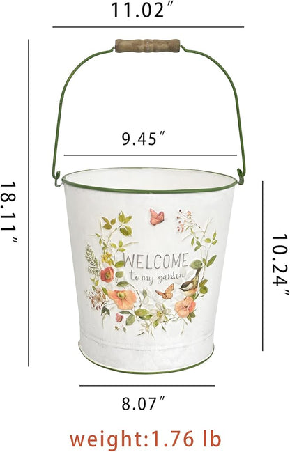 Vintage Welcome to My Garden Metal Planter Bucket with Wooden Handle, Rustic Farmhouse Flower Pot, Decorative Indoor Outdoor Gardening Container for Succulents, Herbs, Home Decor